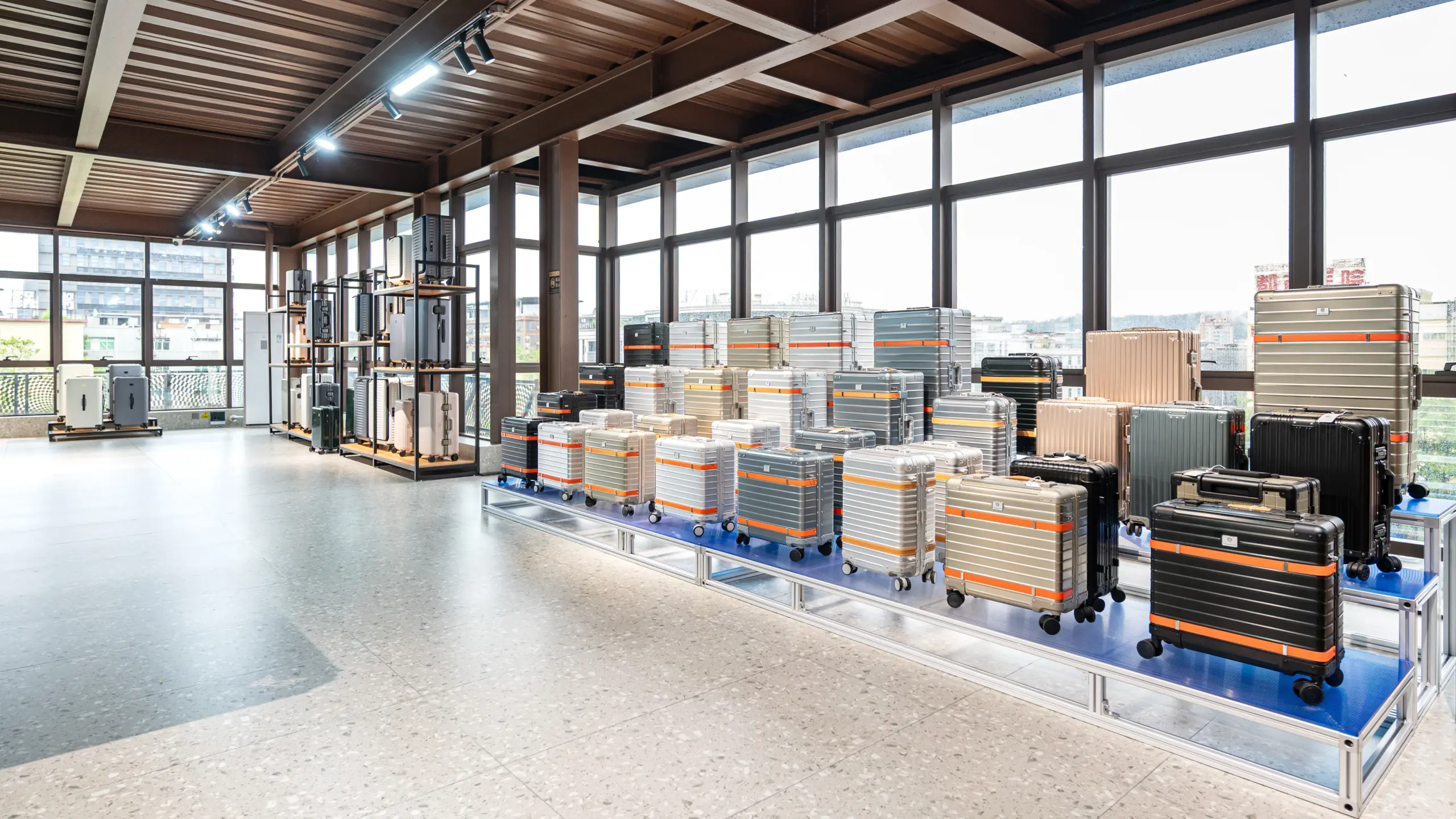 Showroom of finished leather handbags and luggage for private label sourcing